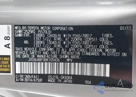 2011 Toyota Fj Cruiser из США, поврежденный, VIN JTEBU4BF0BK105436